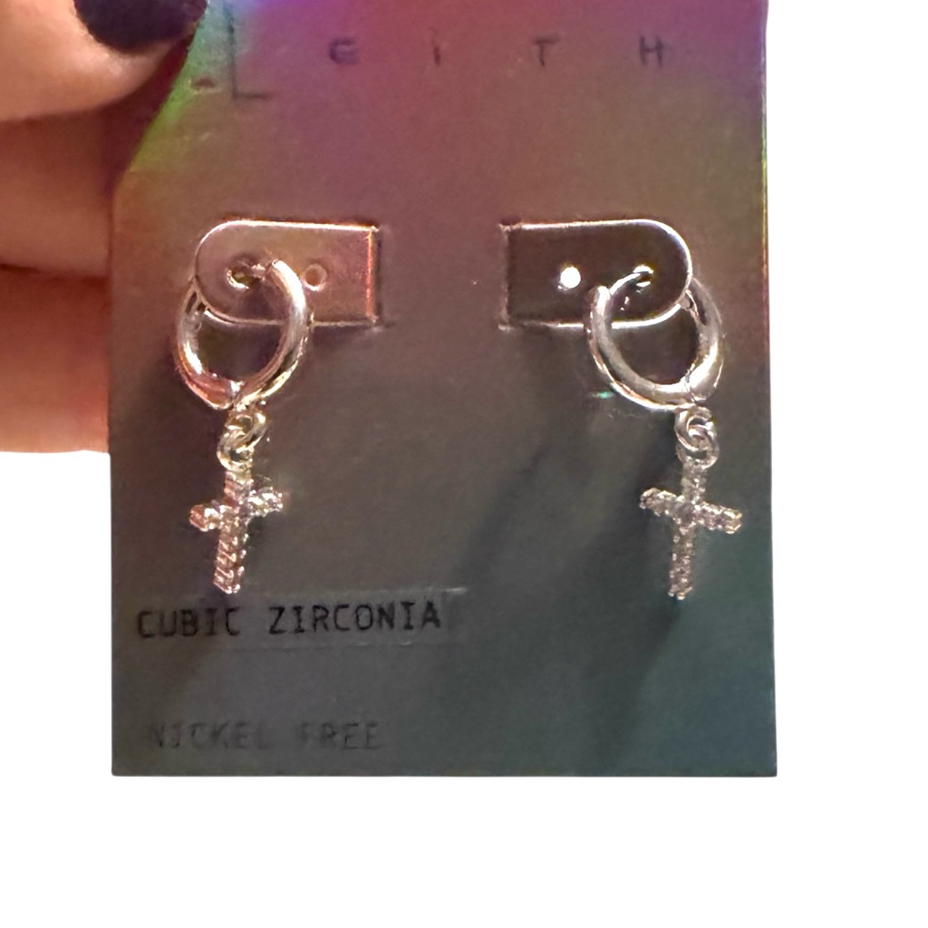Leith Gold Cubic Zirconia Hoop And Cross Dangle Earrings, New